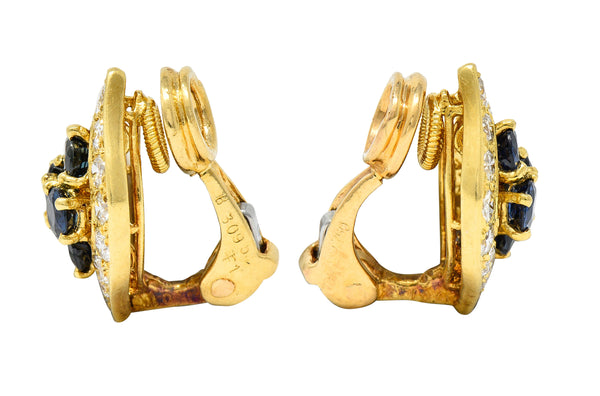 Van Cleef & Arpels France 2.04 CTW Diamond Sapphire 18 Karat Yellow Gold Marquise Cluster Ear-Clip Earrings