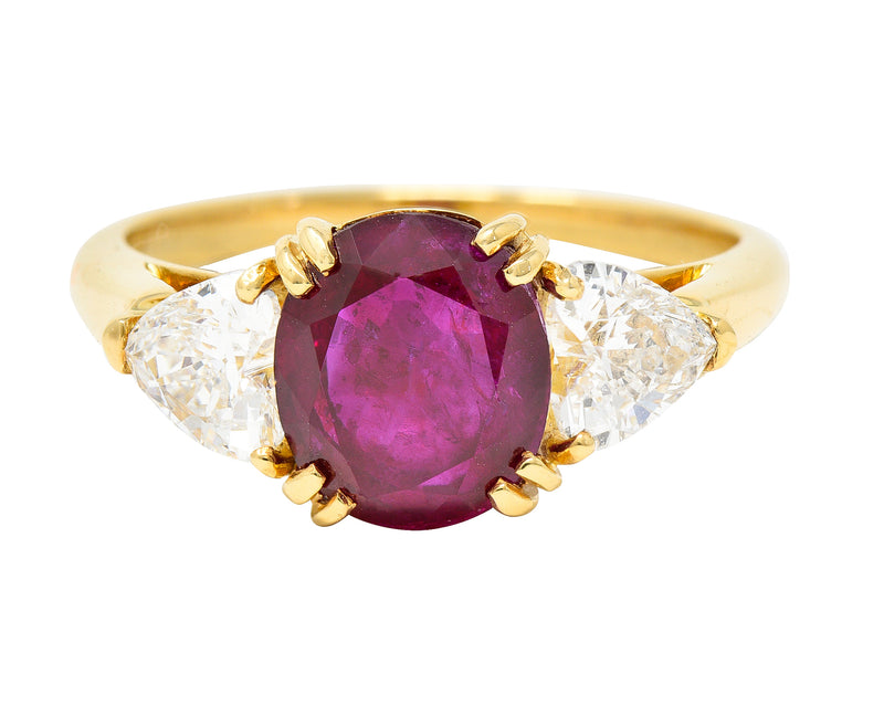 French 2.83 Carats No Heat Burmese Ruby Diamond Three Stone 18 Karat Yellow Gold Ring Wilson's Estate Jewelry