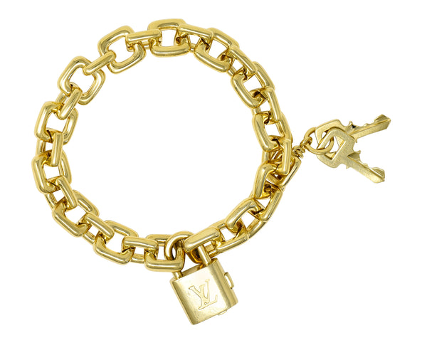 Louis Vuitton Paris 2000's 18 Karat Yellow Gold Square Lock & Key Vintage Charm Bracelet