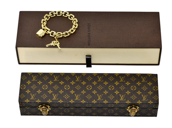 Louis Vuitton Paris 2000's 18 Karat Yellow Gold Square Lock & Key Vintage Charm Bracelet