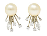 Trabert & Hoeffer Mid-Century Diamond South Sea Pearl Platinum Burst Vintage Ear-Clip Earrings Wilson's Estate Jewelry