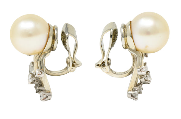Trabert & Hoeffer Mid-Century Diamond South Sea Pearl Platinum Burst Vintage Ear-Clip Earrings