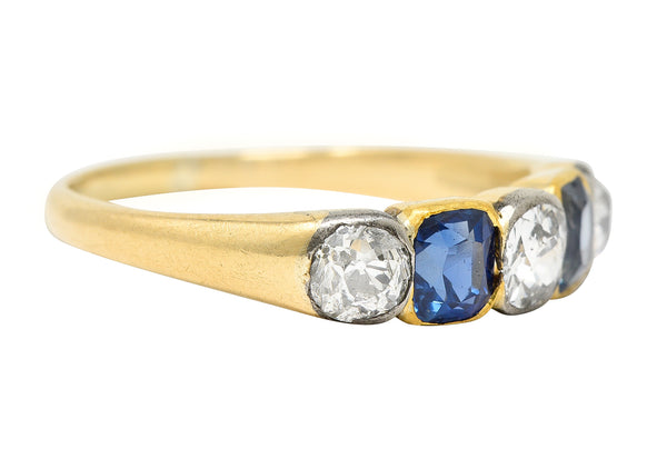 Victorian 1.63 CTW Old Mine Cut Diamond Sapphire Platinum 14 Karat Yellow Gold Five Stone Antique Band Ring Wilson's Estate Jewelry