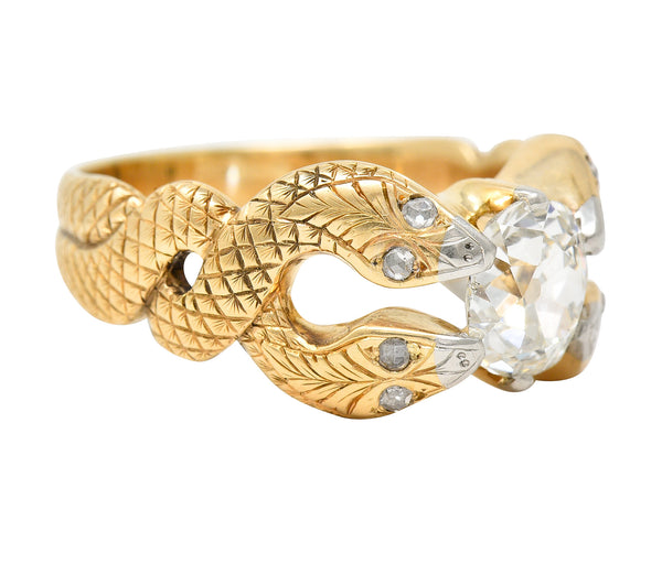 Victorian 1.22 CTW Old Mine Cut Diamond Platinum 14 Karat Yellow Gold Snake Antique Engagement Ring