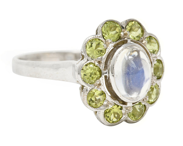 Art Deco Moonstone Peridot 18 Karat White Gold Halo Ring