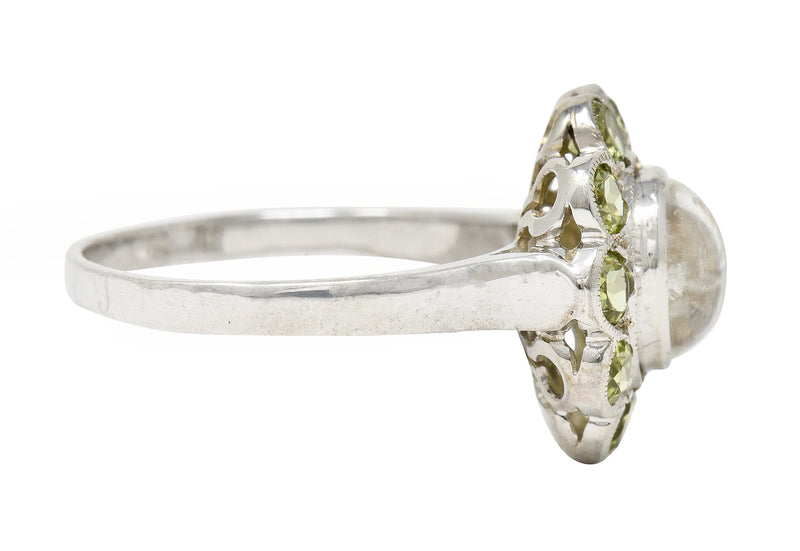 Art Deco Moonstone Peridot 18 Karat White Gold Halo Ring Wilson's Estate Jewelry
