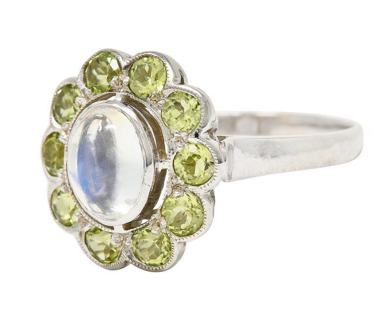 Art Deco Moonstone Peridot 18 Karat White Gold Halo Ring Wilson's Estate Jewelry