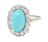 Art Deco 1.20 CTW Turquoise Cabochon Old European Cut Diamond 14 Karat White Gold Halo Ring Wilson's Estate Jewelry