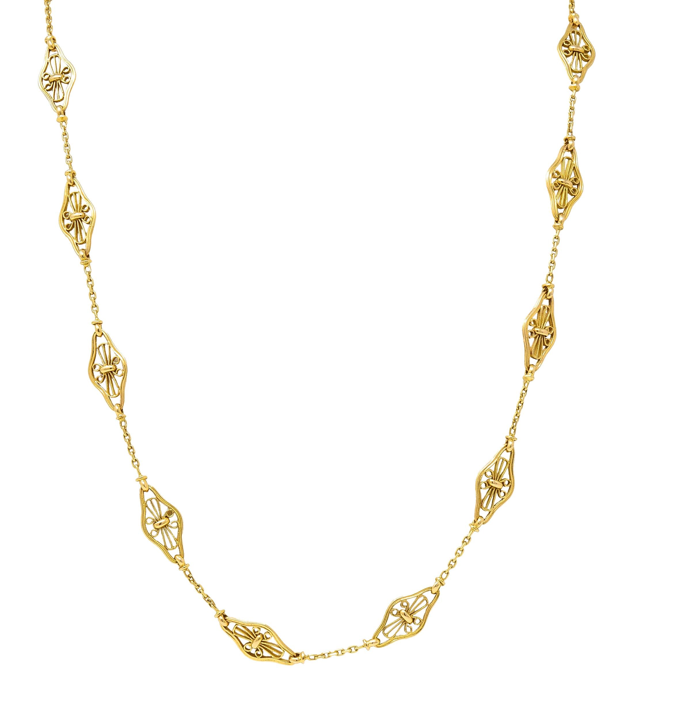 French Victorian 18K Gold Filigree Navette 30 1/2 IN Long Antique Chain Necklace
