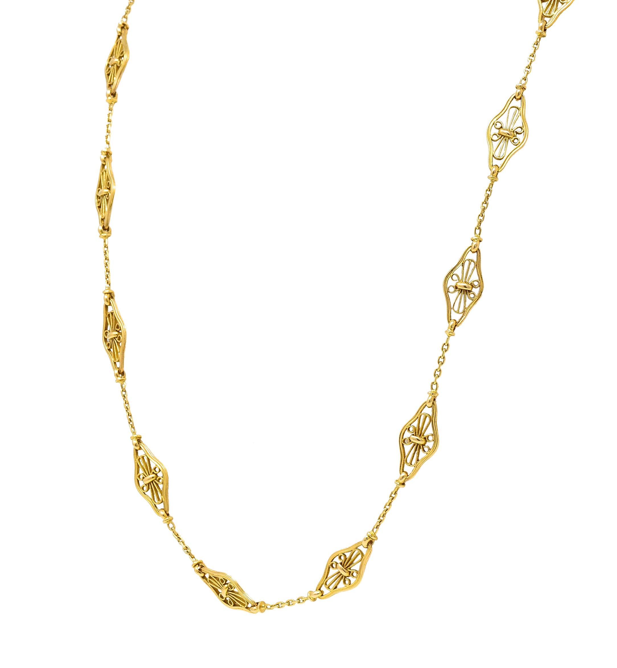 French Victorian 18K Gold Filigree Navette 30 1/2 IN Long Antique Chain Necklace