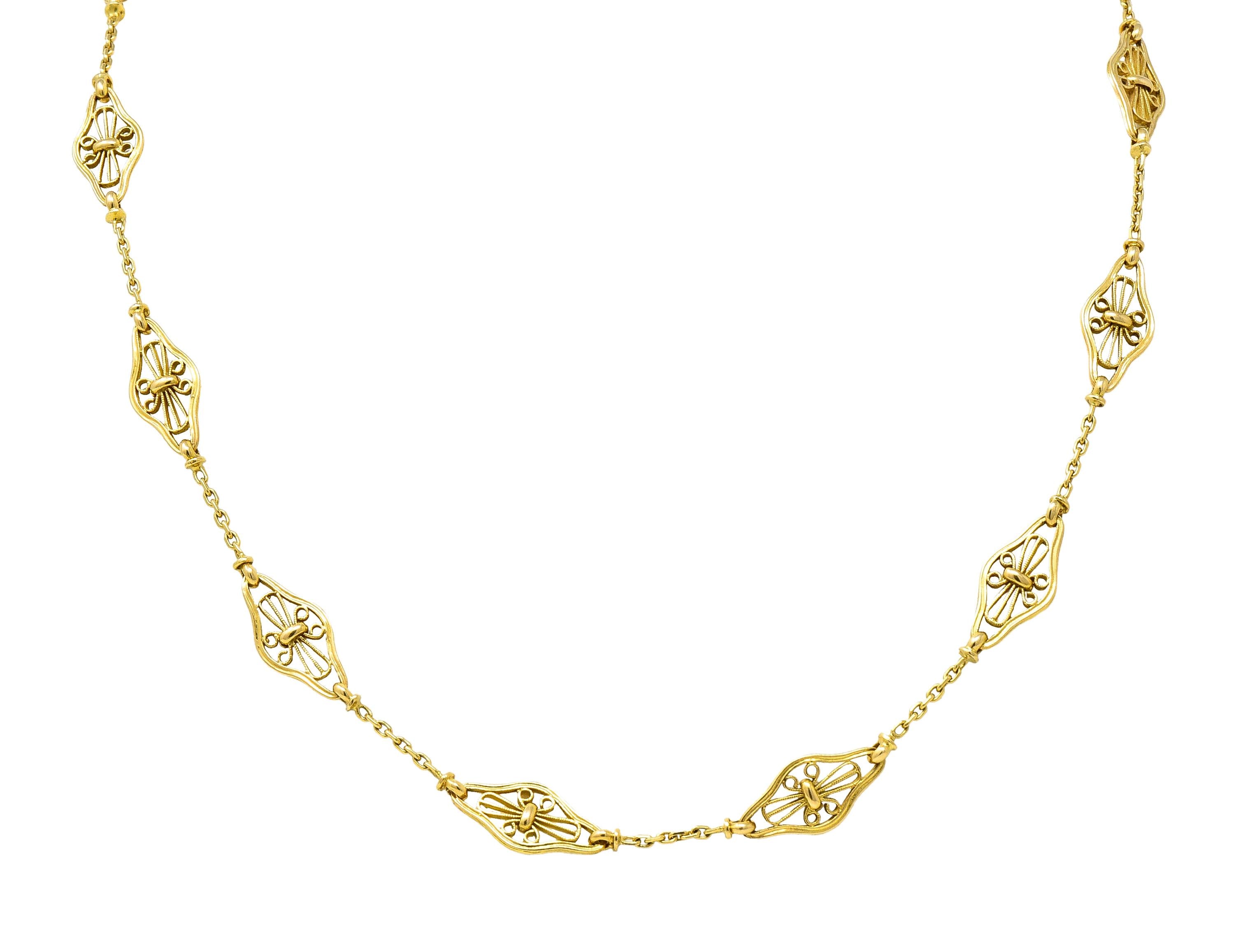 French Victorian 18K Gold Filigree Navette 30 1/2 IN Long Antique Chain Necklace