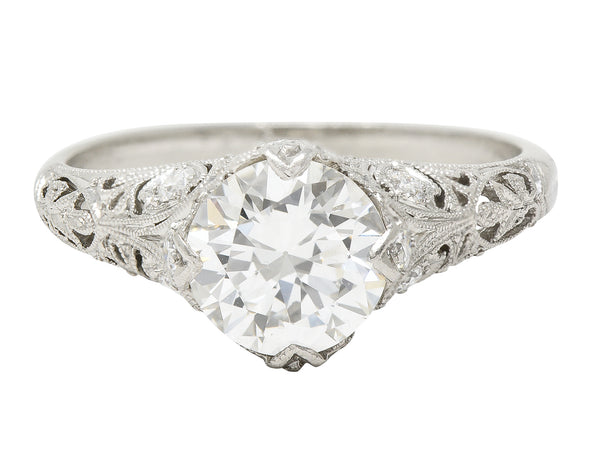 Art Deco 1.44 CTW Old European Cut Diamond Platinum Fleur-De-Lis Engagement Ring