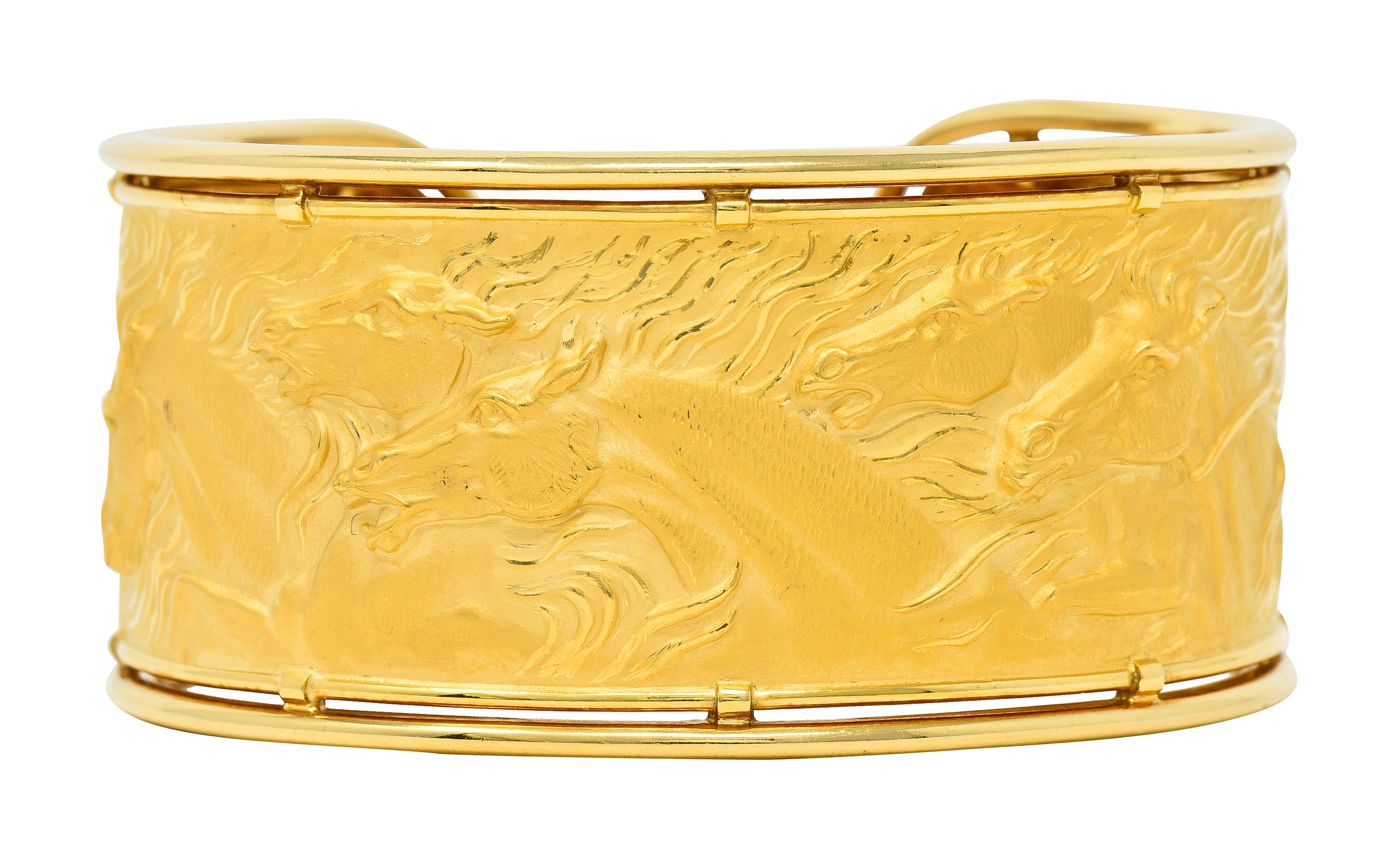 Carrera Y Carrera 1980's 18 Karat Yellow Gold Ecuestre Horse Vintage Cuff Bracelet Wilson's Estate Jewelry