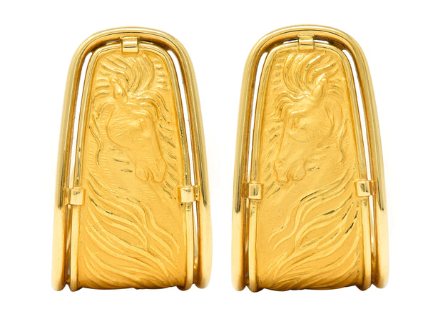 Carrera Y Carrera 1980's 18 Karat Yellow Gold Ecuestre Horse Vintage J-Hoop Earrings Wilson's Estate Jewelry