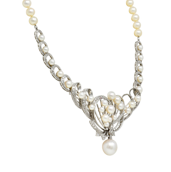 Mikimoto 1950's Diamond Pearl 14 Karat White Gold Fanning Ribbon Necklace