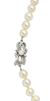Mikimoto 1950's Diamond Pearl 14 Karat White Gold Fanning Ribbon Vintage Station Necklace Wilson's Estate Jewelry