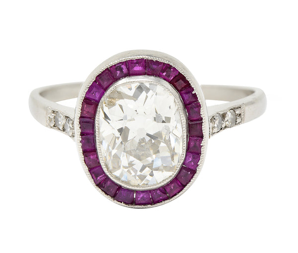 Vintage 2.25 CTW Old Mine Cut Diamond Ruby Platinum Halo Engagement Ring Wilson's Estate Jewelry