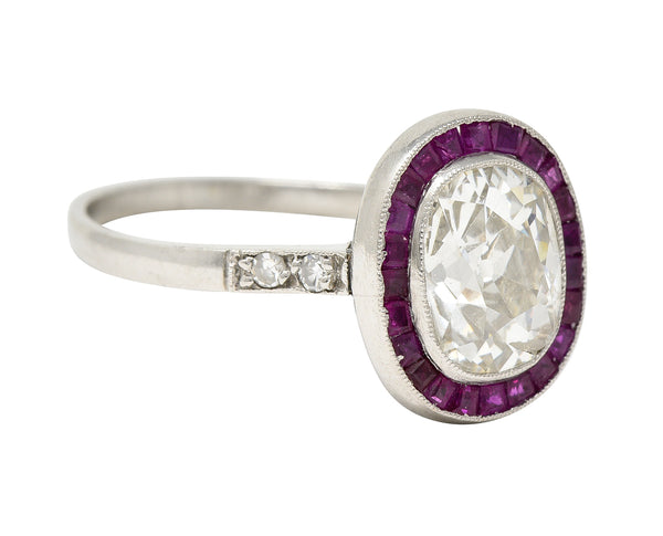 Vintage 2.25 CTW Old Mine Cut Diamond Ruby Platinum Halo Engagement Ring