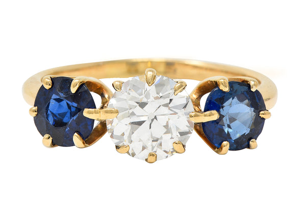 Victorian 2.37 CTW Old European Cut Diamond Sapphire 14 Karat Yellow Gold Antique Three Stone Ring