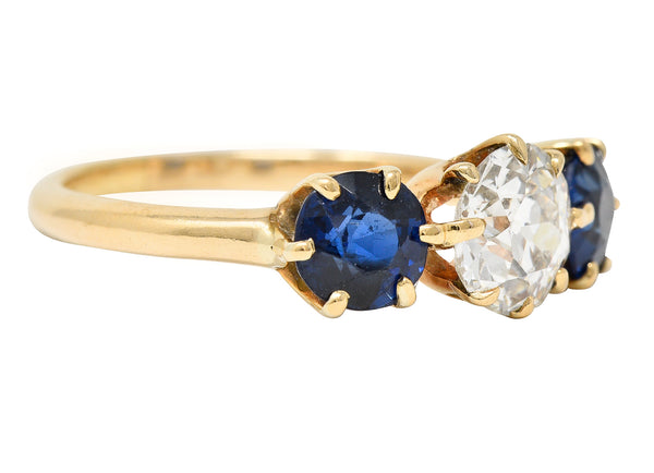 Victorian 2.37 CTW Old European Cut Diamond Sapphire 14 Karat Yellow Gold Antique Three Stone Ring