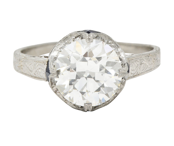 Art Deco 2.95 CTW Old European Cut Diamond Platinum Scrolling Crescent Engagement Ring GIA