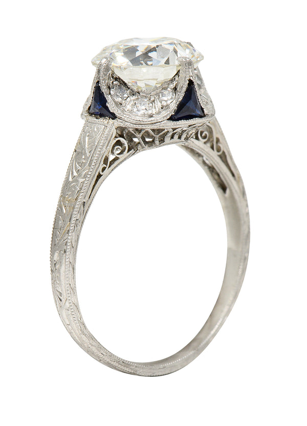 Art Deco 2.95 CTW Old European Cut Diamond Platinum Scrolling Crescent Engagement Ring GIA