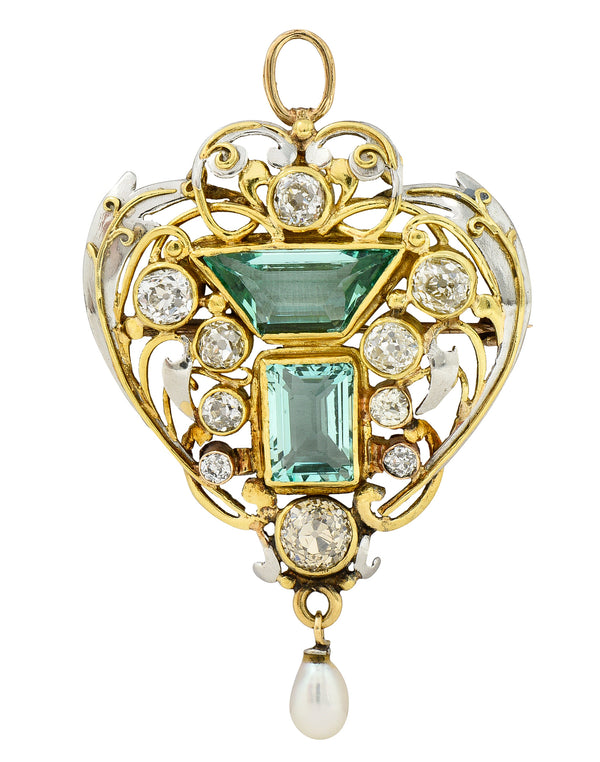 Arts & Crafts 8.80 CTW No Oil Emerald Diamond Pearl Platinum 18 Karat Yellow Gold Scrolling Foliate Antique Pendant Brooch GIA