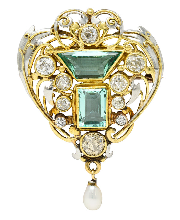 Arts & Crafts 8.80 CTW No Oil Emerald Diamond Pearl Platinum 18 Karat Yellow Gold Scrolling Foliate Antique Pendant Brooch GIA
