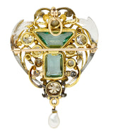 Arts & Crafts 8.80 CTW No Oil Emerald Diamond Pearl Platinum 18 Karat Yellow Gold Scrolling Foliate Antique Pendant Brooch GIA Wilson's Estate Jewelry