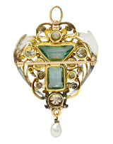 Arts & Crafts 8.80 CTW No Oil Emerald Diamond Pearl Platinum 18 Karat Yellow Gold Scrolling Foliate Antique Pendant Brooch GIA Wilson's Estate Jewelry