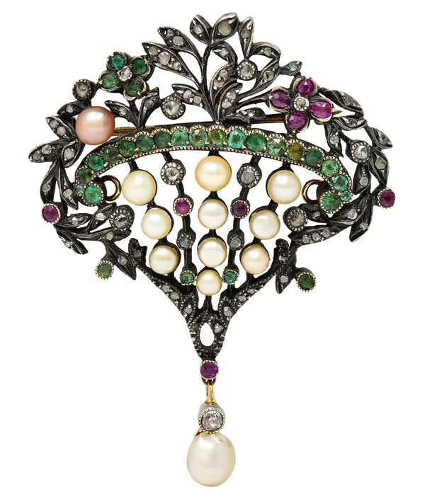 Victorian French Diamond Ruby Emerald Pearl Silver-Topped 18 Karat Yellow Gold Giardinetti Floral Antique Drop Pendant Brooch