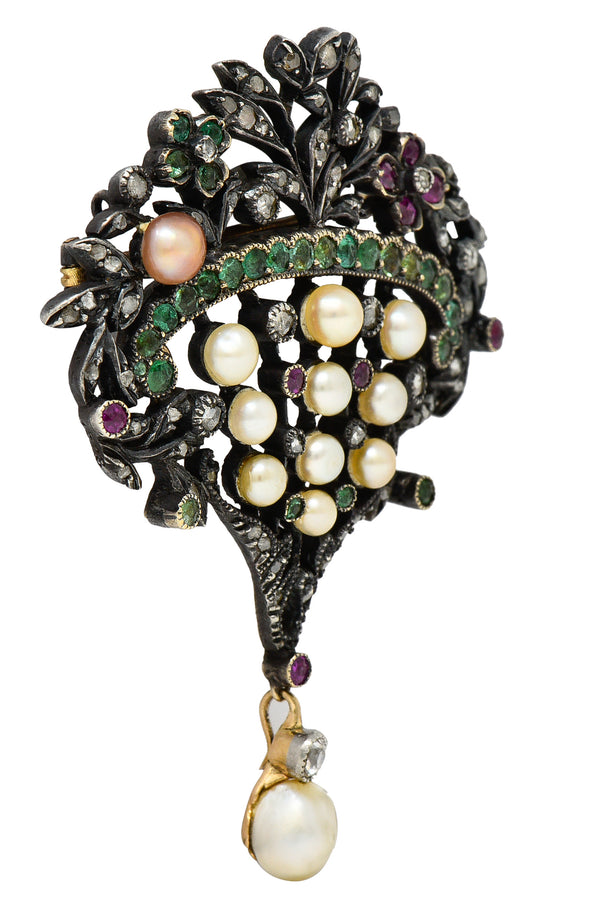 Victorian French Diamond Ruby Emerald Pearl Silver-Topped 18 Karat Yellow Gold Giardinetti Floral Antique Drop Pendant Brooch