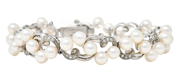 Mikimoto Mid-Century Diamond Cultured Pearl 14 Karat White Gold Scrolling Ribbon Vintage Bracelet