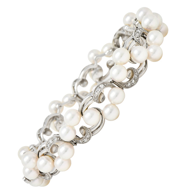Mikimoto Mid-Century Diamond Cultured Pearl 14 Karat White Gold Scrolling Ribbon Vintage Bracelet