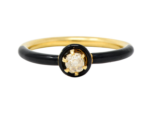 Victorian Old Mine Cut Diamond Enamel 18 Karat Yellow Gold Antique Solitaire Engagement Ring
