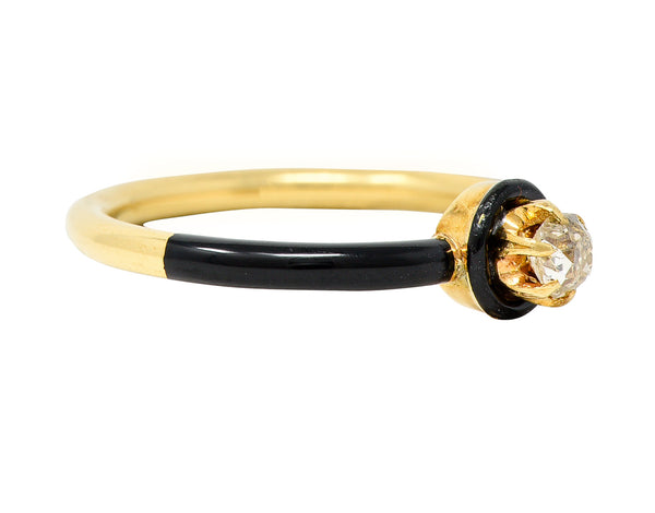 Victorian Old Mine Cut Diamond Enamel 18 Karat Yellow Gold Antique Solitaire Engagement Ring