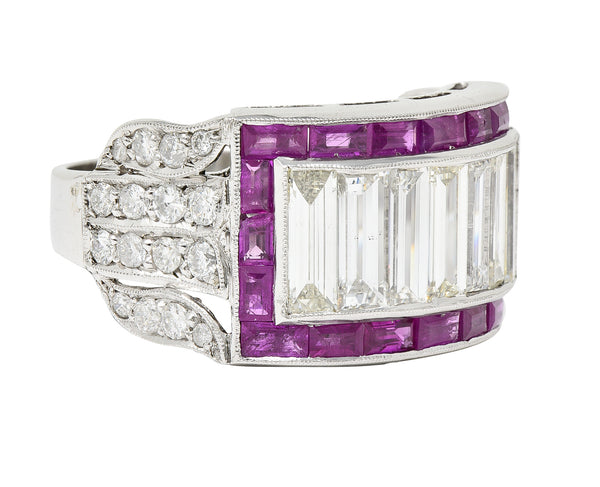 Mid-Century 5.13 CTW Baguette Diamond Ruby Platinum Floral Channel Vintage Wide Band Ring