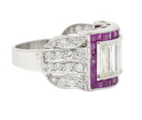 Mid-Century 5.13 CTW Baguette Diamond Ruby Platinum Floral Channel Vintage Wide Band Ring Wilson's Estate Jewelry