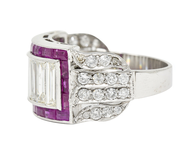 Mid-Century 5.13 CTW Baguette Diamond Ruby Platinum Floral Channel Vintage Wide Band Ring Wilson's Estate Jewelry