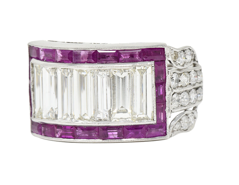 Mid-Century 5.13 CTW Baguette Diamond Ruby Platinum Floral Channel Vintage Wide Band Ring Wilson's Estate Jewelry