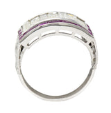 Mid-Century 5.13 CTW Baguette Diamond Ruby Platinum Floral Channel Vintage Wide Band Ring Wilson's Estate Jewelry