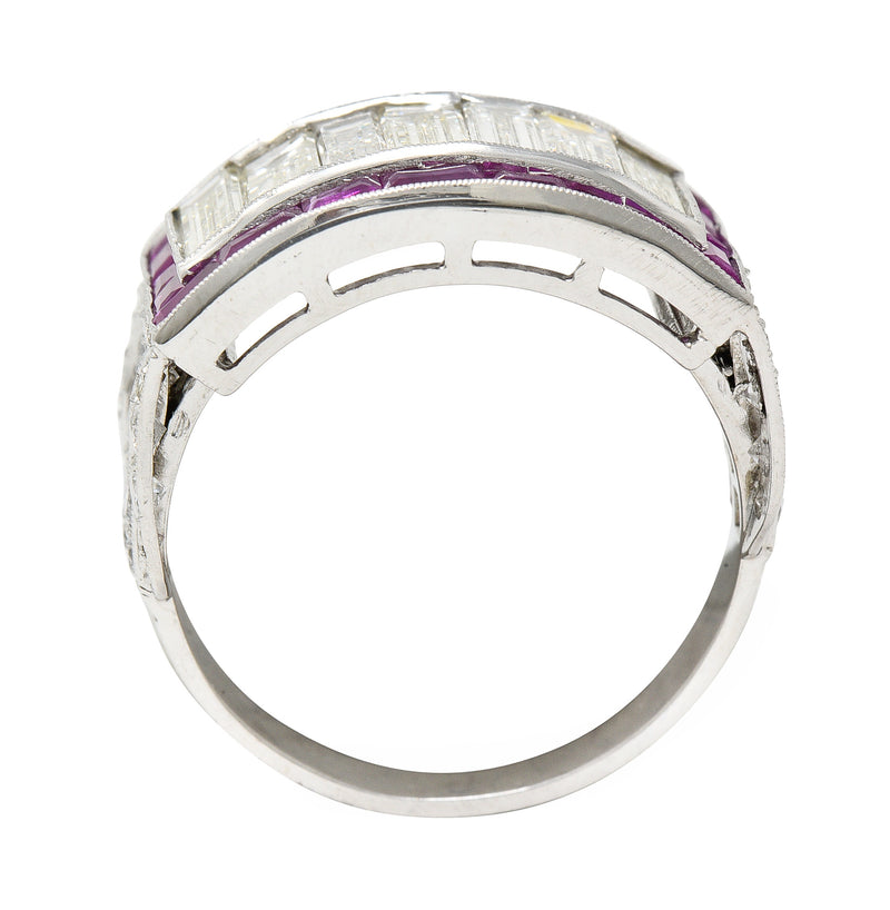 Mid-Century 5.13 CTW Baguette Diamond Ruby Platinum Floral Channel Vintage Wide Band Ring Wilson's Estate Jewelry
