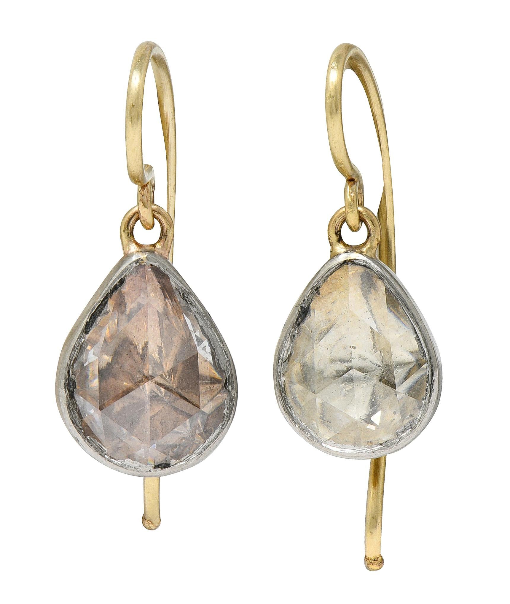 Edwardian Rose Cut Pear Diamond Platinum 14K Gold Antique Drop Earrings