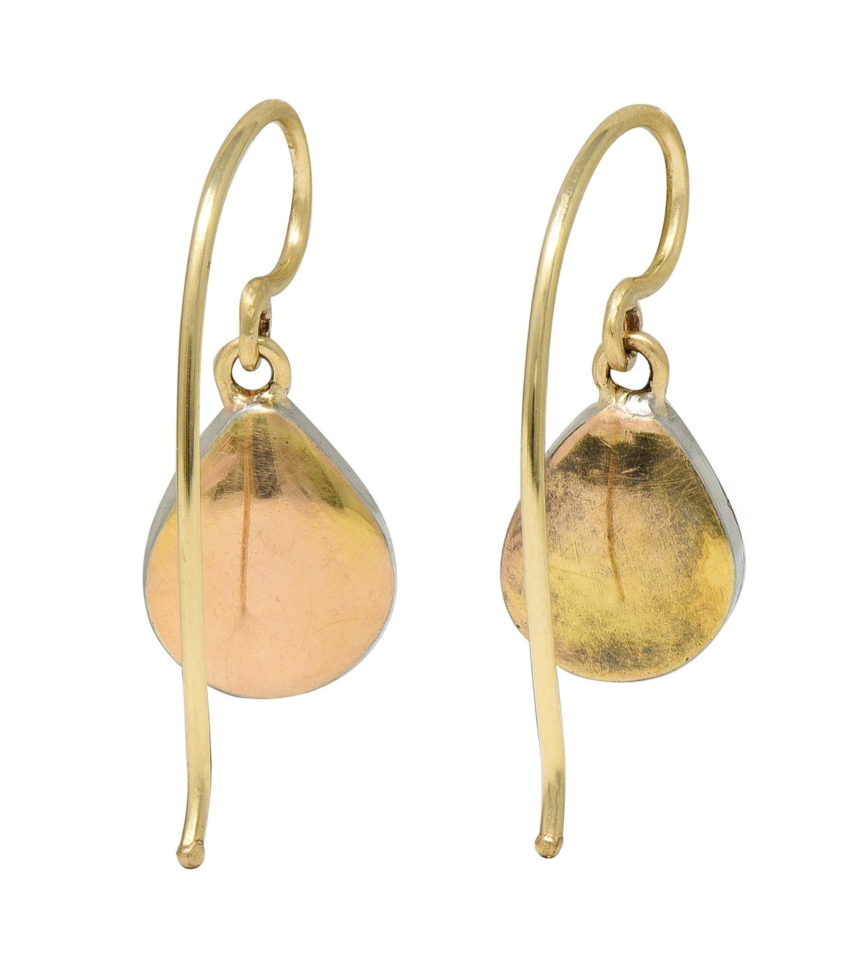 Edwardian Rose Cut Pear Diamond Platinum 14K Gold Antique Drop Earrings