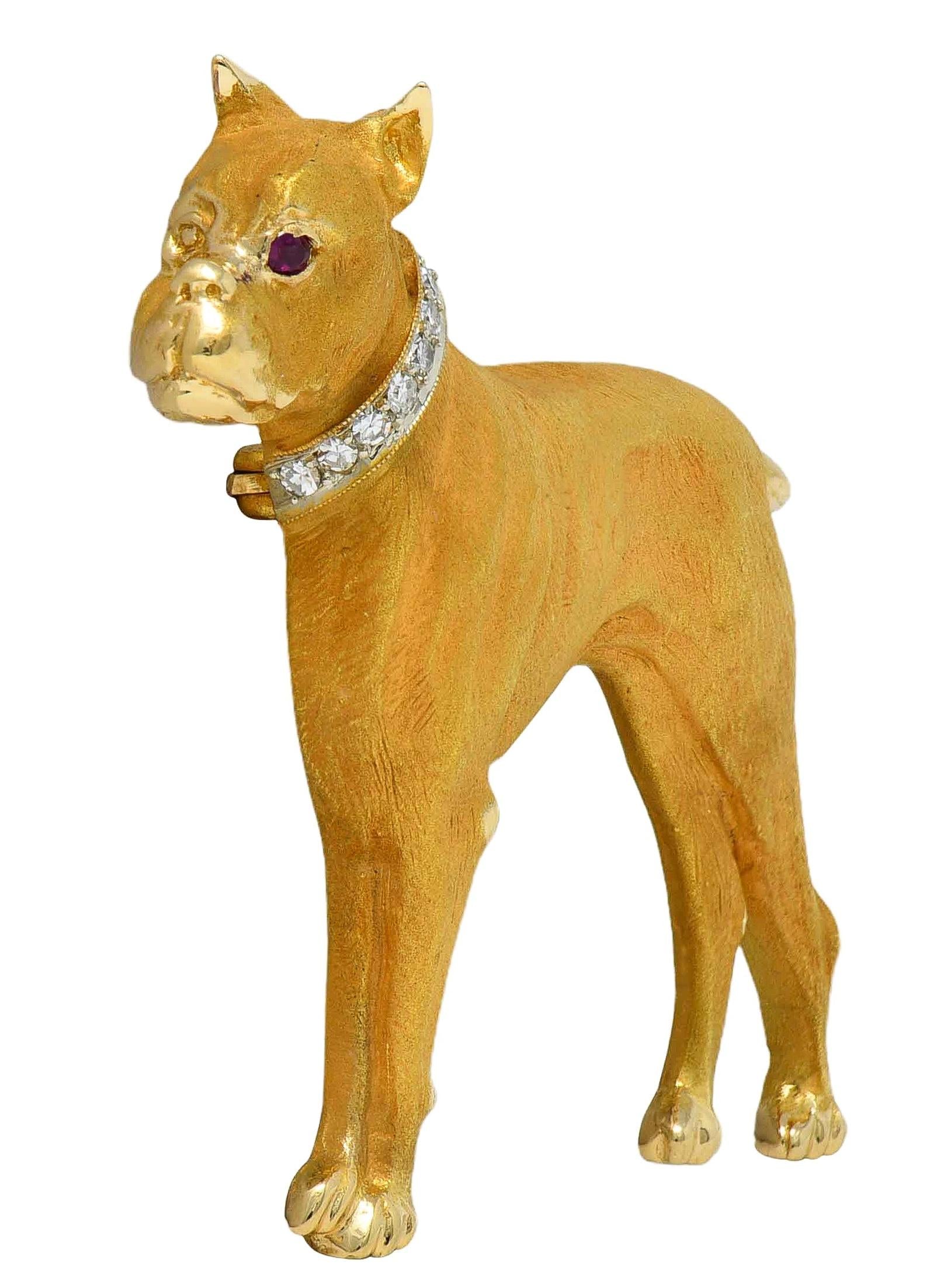 Edwardian Diamond Ruby 14 Karat Yellow Gold Antique Boxer Dog Brooch