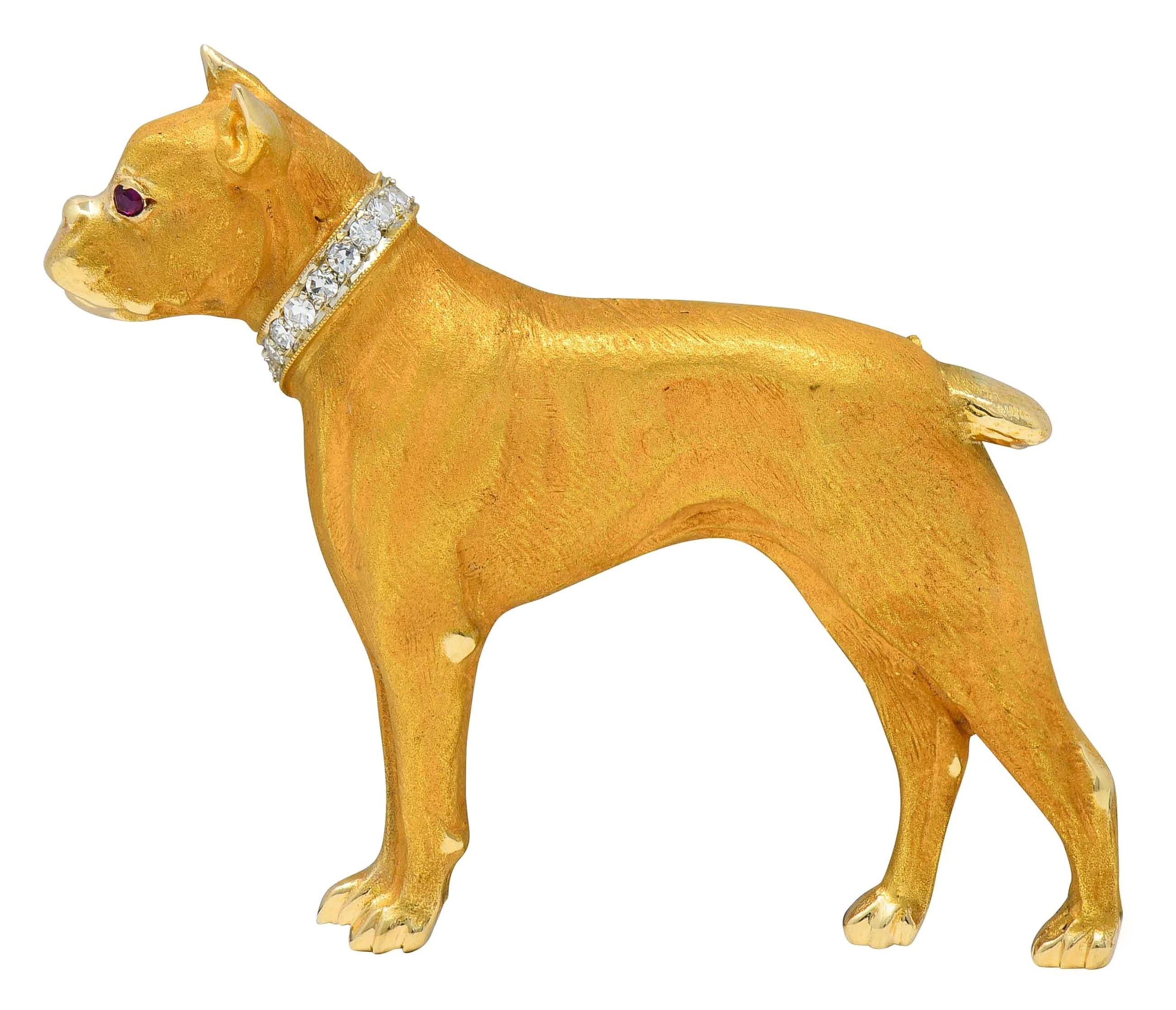 Edwardian Diamond Ruby 14 Karat Yellow Gold Antique Boxer Dog Brooch