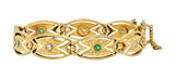 Art Nouveau Diamond Emerald 14 Karat Yellow Gold Floral Navette Link Bracelet