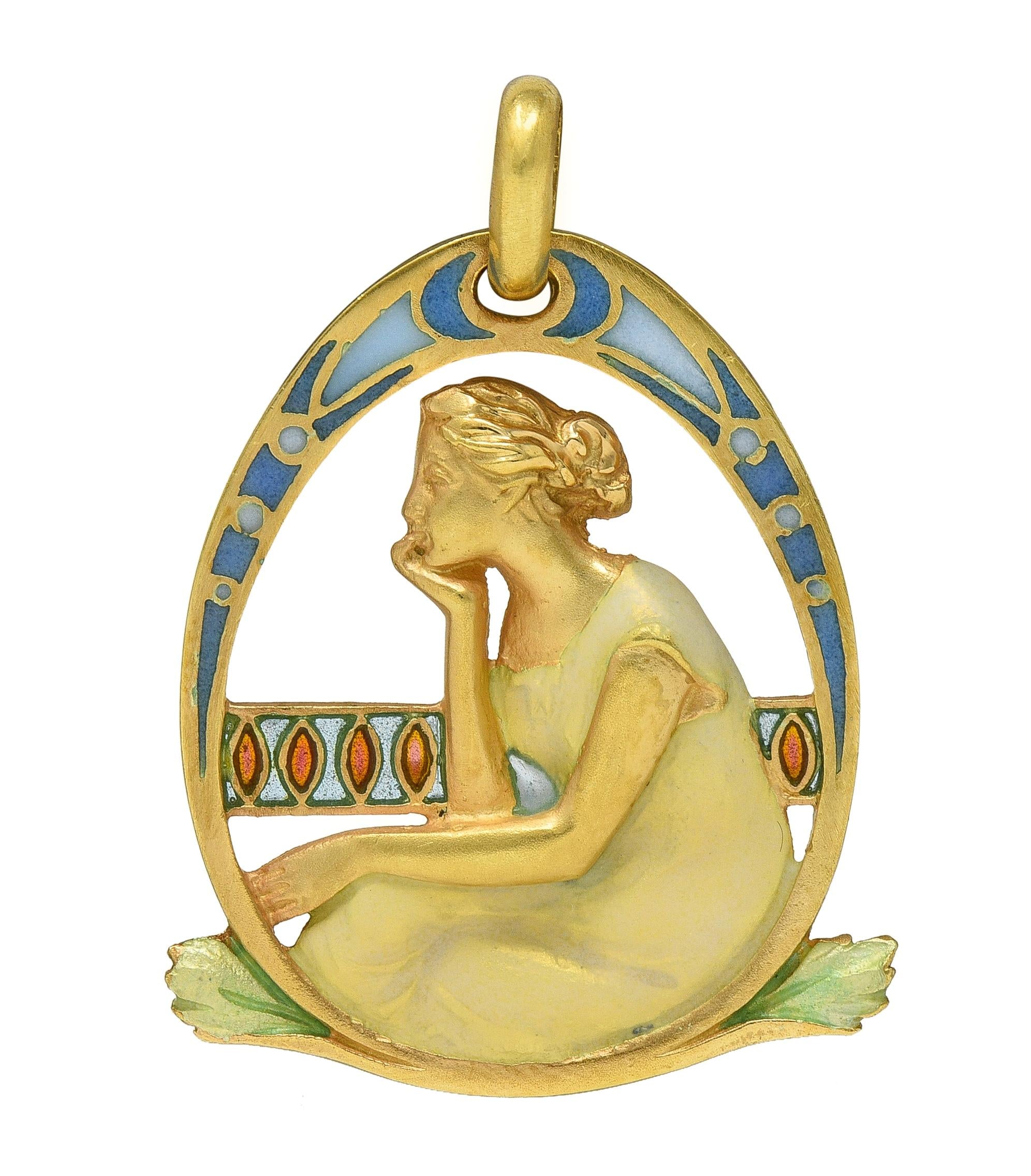 Masriera Art Nouveau Enamel 18K Yellow Gold Antique Pliqué-A-Jour Lady Pendant
