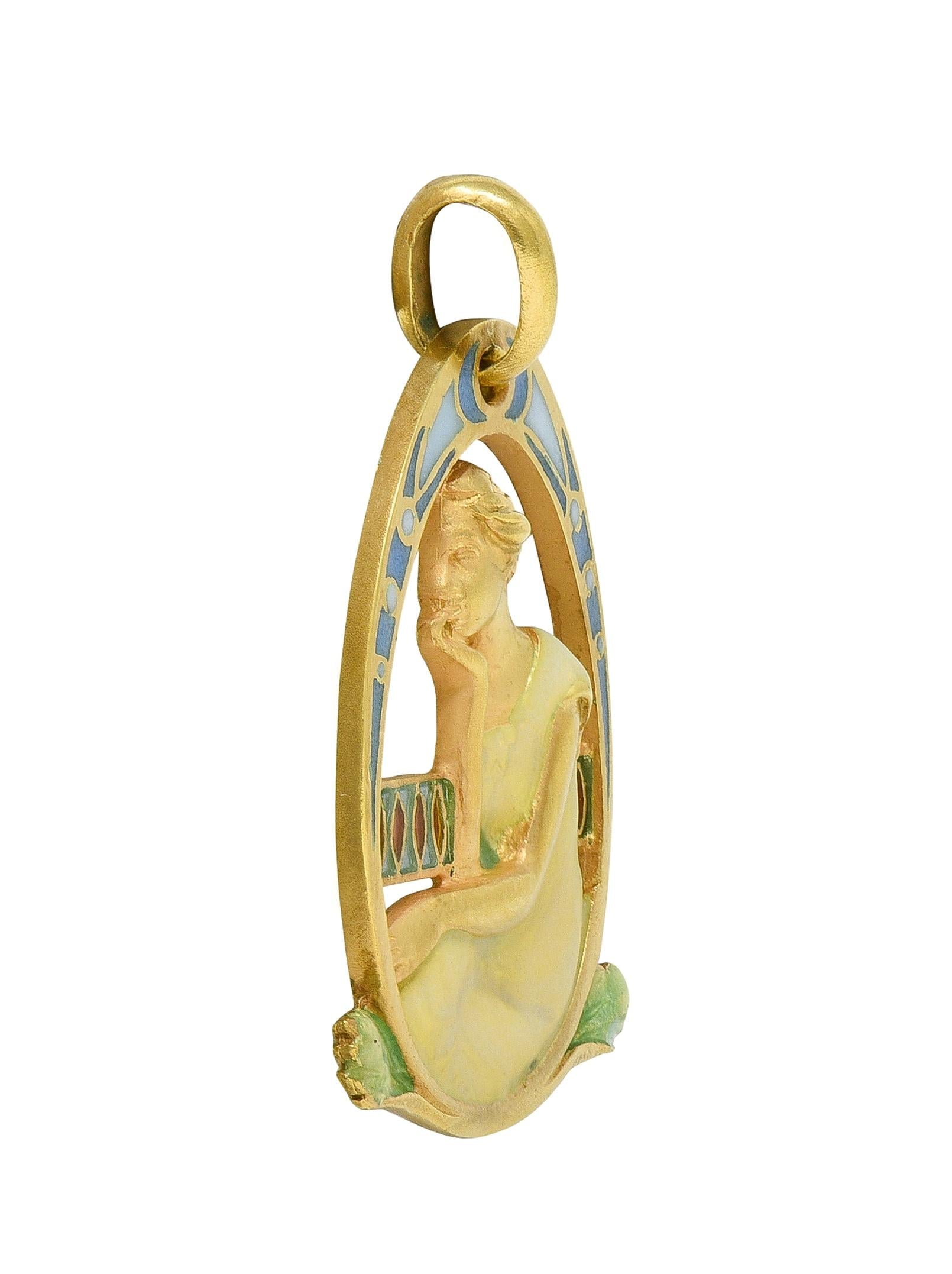 Masriera Art Nouveau Enamel 18K Yellow Gold Antique Pliqué-A-Jour Lady Pendant
