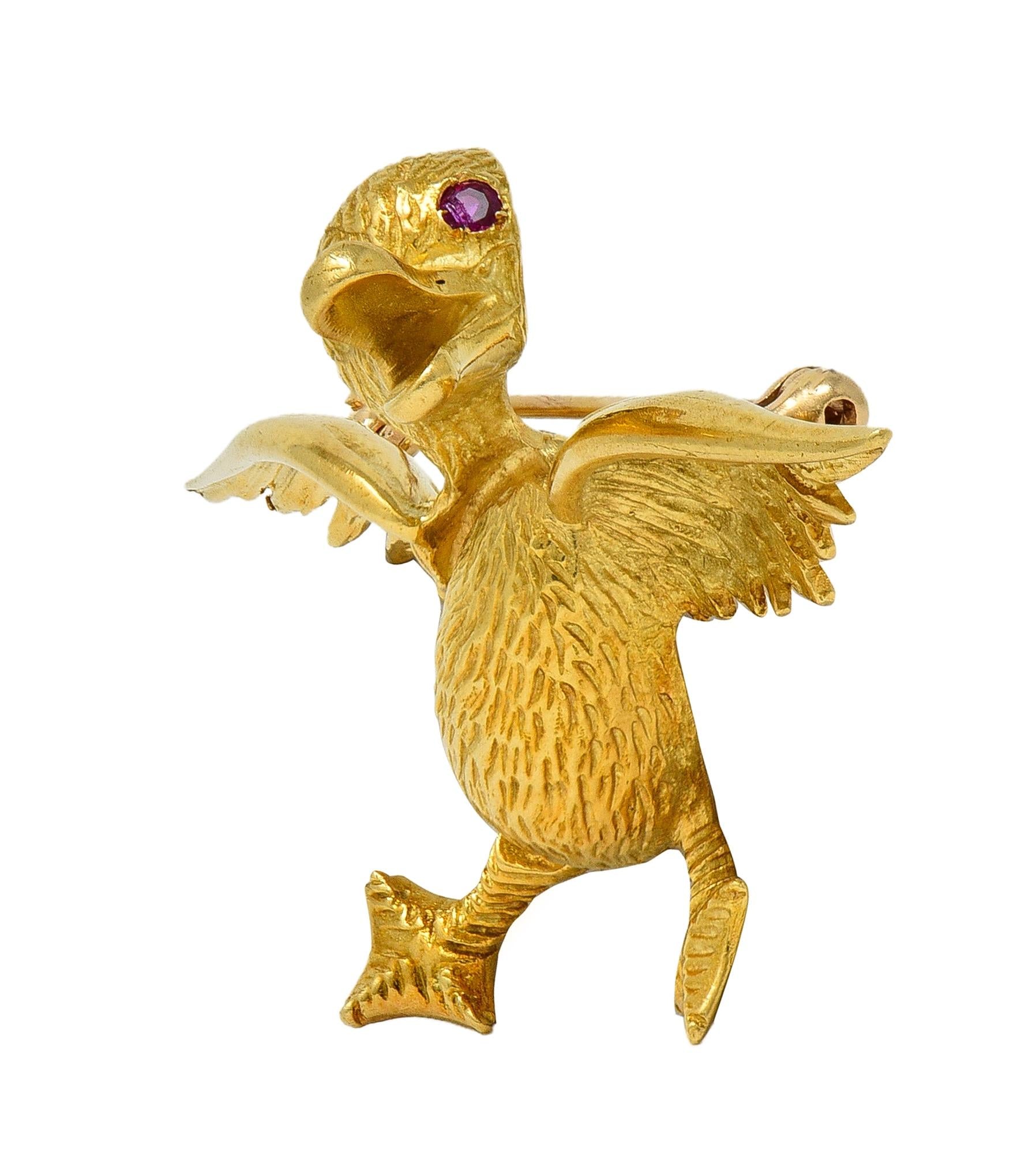 1960's Ruby 18 Karat Yellow Gold Vintage Duck Whimsical Bird Brooch